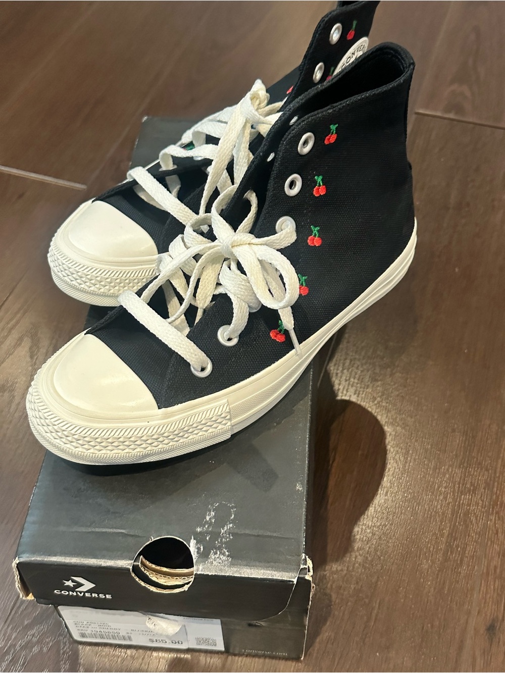 Converse Kids Black High-Top Sneakers with White Sole and Red Cherry Embroidery